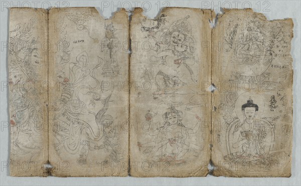 Iconographic Drawing:  Vaishravana, Yama, Vsnisavijaya, Tara and Buddha (recto); Iconographic Drawing of Tantric Enlightened Beings (verso), c. 1500. Tibet, early 15th Century. Ink and watercolor on cotton; overall: 20.3 x 12.7 cm (8 x 5 in.).