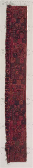 Mantle Border Fragment with Oculate Being, 200 BC-AD 200. Peru, South Coast, Paracas (Cavernas) style (700 BC-AD 1). Camelid fiber, embroidery over foundation cloth; overall: 116.2 x 16.5 cm (45 3/4 x 6 1/2 in.)
