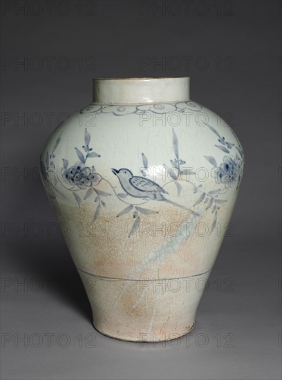 Jar with Bird and Flower Decoration, 1700s. Korea, Joseon dynasty (1392-1910). Stoneware with underglaze blue designs; outer diameter: 33 cm (13 in.); overall: 43.4 cm (17 1/16 in.).