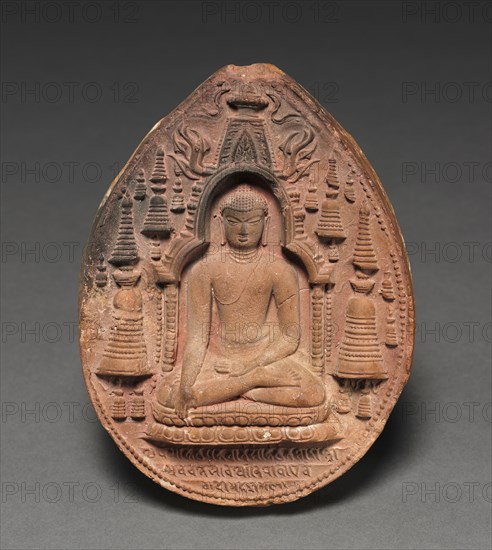 Votive Plaque with Figure of the Buddha, Temple at Bodhgaya, and Stupas, 800s. India, Bihar, Bodhgaya. Terracotta; overall: 15.2 cm (6 in.).