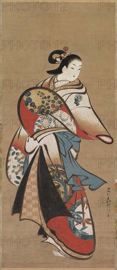 Courtesan, 1716-1735. Matsuno Chikanobu (Japanese). Hanging scroll; ink and color on paper; overall: 179.1 x 58.5 cm (70 1/2 x 23 1/16 in.); overall: 177.8 x 52.7 cm (70 x 20 3/4 in.); painting only: 91 x 35.5 cm (35 13/16 x 14 in.); painting only: 91.8 x 39.6 cm (36 1/8 x 15 9/16 in.).
