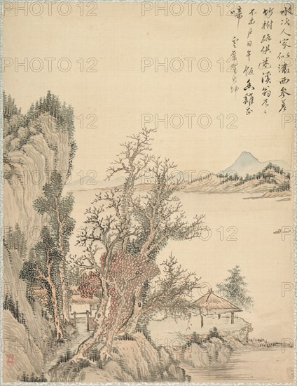 Dwelling by the Shore, 1847. Tsubaki Chinzan (Japanese, 1801-1854). Album leaf; ink and color on silk; each leaf: 41 x 31.5 cm (16 1/8 x 12 3/8 in.).