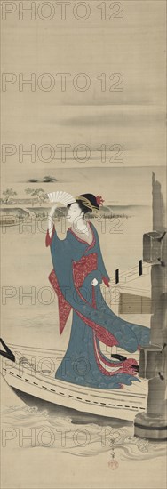 Beauty in a Boat on Sumida River, late 1700s-early 1800s. Chobunsai Eishi (Japanese, 1756-1829). Hanging scroll; ink and color on silk; overall: 191.8 x 53.3 cm (75 1/2 x 21 in.); painting only: 95.3 x 33 cm (37 1/2 x 13 in.).