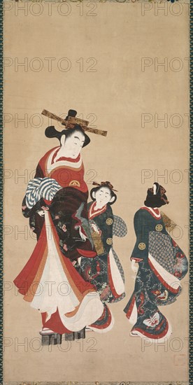 Courtesan and Attendants, c. 1748-1751. Attributed to Engetsudo (Japanese). Hanging scroll; ink and color on paper; overall: 189.8 x 64.8 cm (74 3/4 x 25 1/2 in.); painting only: 90.2 x 43.8 cm (35 1/2 x 17 1/4 in.).