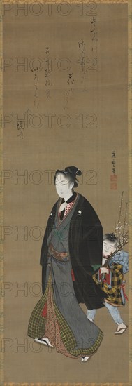 Man Strolling with a Boy Carrying Flowering Branch, c. 1810. Kitagawa Fujimaro (Japanese, 1790-1850). Hanging scroll; ink and color on silk; overall: 180.4 x 48.3 cm (71 x 19 in.); painting only: 94 x 31 cm (37 x 12 3/16 in.).
