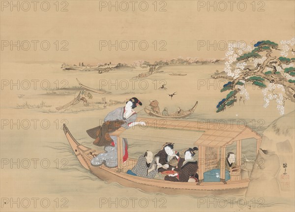 Boat to the Yoshiwara, 1800s. Teisai Hokuba (Japanese, 1771-1844). Hanging scroll, ink and color on silk; overall: 153.3 x 76.2 cm (60 3/8 x 30 in.); painting only: 40 x 55.3 cm (15 3/4 x 21 3/4 in.).