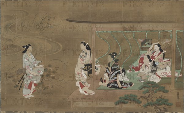 Lover's Visit, 1680-1730. Tamura Suio (Japanese). Hanging scroll, ink and color on silk; image: 50.4 x 82.2 cm (19 13/16 x 32 3/8 in.); overall: 155.2 x 97.7 cm (61 1/8 x 38 7/16 in.); with knobs: 155.2 x 104.7 cm (61 1/8 x 41 1/4 in.).