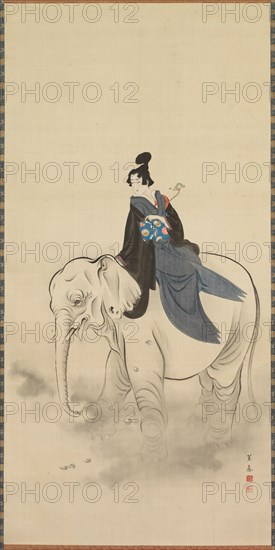 Courtesan Riding an Elephant (Parody of the Bodhisattva Fugen), 19th century. Kuwagata Keisai (Japanese, 1764-1824). Hanging scroll; ink and color on silk; painting only: 114.3 x 56.2 cm (45 x 22 1/8 in.); including mounting: 186.7 x 76.2 cm (73 1/2 x 30 in.).