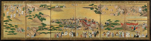 Festival Scenes, 17th century. Japan, Edo Period (1615-1868). One of a pair of six-panel folding screens; ink, color, gold, and gold leaf on paper; image: 51.1 x 208.9 cm (20 1/8 x 82 1/4 in.).