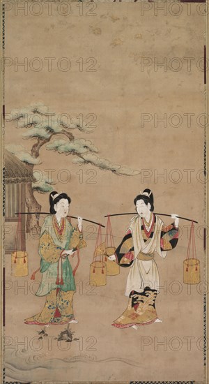 Scene from a Noh Play, early 18th century. Japan, Kyoto school, Edo Period (1615-1868). Hanging scroll; ink, color and gold on paper; overall: 158.8 x 62.2 cm (62 1/2 x 24 1/2 in.); painting only: 77.2 x 40.7 cm (30 3/8 x 16 in.).