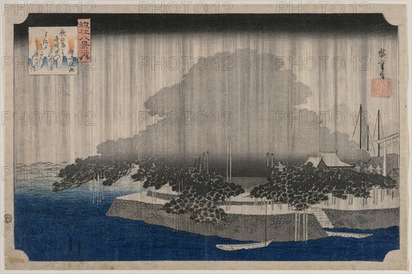 Night Rain at Karasaki, from the series Eight Views of Omi, c. 1835. Utagawa Hiroshige (Japanese, 1797-1858). Color woodblock print; image: 22.8 x 35.3 cm (9 x 13 7/8 in.); with margins: 24.4 x 36.8 cm (9 5/8 x 14 1/2 in.).