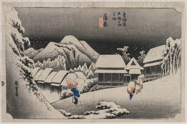 Evening Snow at Kambara (number sixteen of the series Fifty-three Stations of the Tokaido), 1833. Ando Hiroshige (Japanese, 1797-1858). Color woodblock print; sheet: 22.6 x 35.5 cm (8 7/8 x 14 in.).