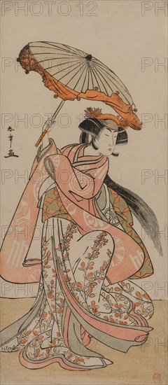 The Actor Segawa Kikunojo II Dancing with a Parasol, late 1770s. Katsukawa Shunsho (Japanese, 1726-1792). Color woodblock print; image: 33.3 x 14.6 cm (13 1/8 x 5 3/4 in.).