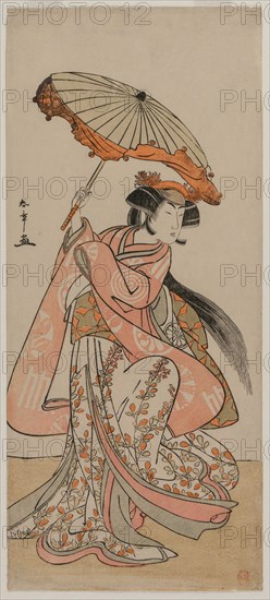 The Actor Segawa Kikunojo II Dancing with a Parasol, late 1770s. Katsukawa Shunsho (Japanese, 1726-1792). Color woodblock print; image: 33.3 x 14.6 cm (13 1/8 x 5 3/4 in.).