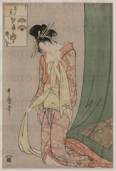 Hanaogi of Ogiya from the series Picture Puzzles, c. 1797. Kitagawa Utamaro (Japanese, 1753?-1806). Color woodblock print; ink and color on paper; sheet: 37.6 x 25.4 cm (14 13/16 x 10 in.).