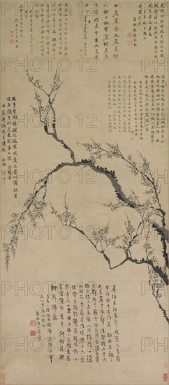 Plum Blossoms, 1747. Wang Shishen (Chinese, 1686-1759). Hanging scroll, ink on paper; overall: 142.7 x 75.5 cm (56 3/16 x 29 3/4 in.).