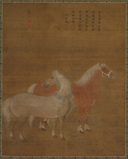 Two Horses, 1644-1911. Attributed to Yu Yuan (Chinese, active 1700s). Hanging scroll, ink and color on silk; overall: 61 x 49.2 cm (24 x 19 3/8 in.); mounted: 172.6 x 68 cm (67 15/16 x 26 3/4 in.).