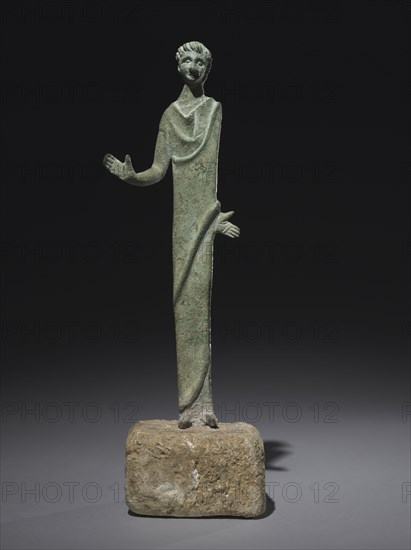 Male Votive Figure, 300s BC. Italy, Etruscan, 4th Century BC. Bronze; overall: 21.3 x 7.5 cm (8 3/8 x 2 15/16 in.); base: 5.9 x 4.1 cm (2 5/16 x 1 5/8 in.).