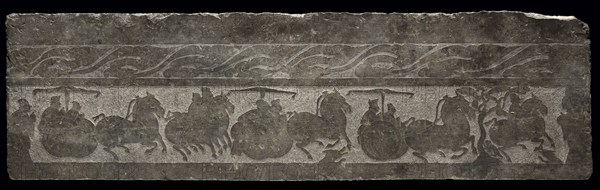 Funerary Relief with Chariot Procession, 2nd Century. China, style of Wu Family Shrines, Chia-hsiang district, Shantung, Eastern Han dynasty (25-220). Stone carved in low relief with engraved detail; overall: 47.8 x 116.4 x 14 cm (18 13/16 x 45 13/16 x 5 1/2 in.).