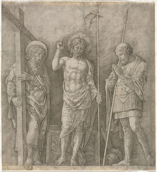 The Risen Christ between St Andrew and Longinus, early 1470s. Andrea Mantegna (Italian, 1431-1506). Engraving; sheet: 30.5 x 28 cm (12 x 11 in.)