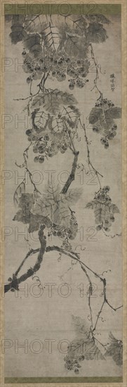 Grapes, 1500s-1600s. Korea or Japan, Joseon period (1392-1910) or Muromachi Period (1392-1573). Hanging scroll; ink on paper; painting only: 101.3 x 33 cm (39 7/8 x 13 in.); overall: 183.8 x 49.9 cm (72 3/8 x 19 5/8 in.).