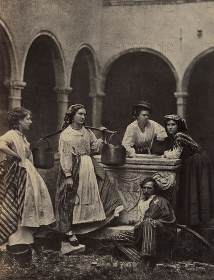 Untitled (Genre scene with four women and a man), late 19th Century. Unidentified Photographer. Albumen print from wet collodion negative; image: 23.9 x 18.5 cm (9 7/16 x 7 5/16 in.); matted: 35.6 x 30.6 cm (14 x 12 1/16 in.).