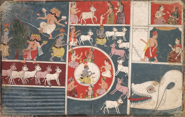Krishna Playing the Flute and other Episodes from the Bhagavata Purana, c. 1650. India, Rajasthan, Malwa school, 17th century. Ink and color on paper; overall: 21 x 33.5 cm (8 1/4 x 13 3/16 in.).