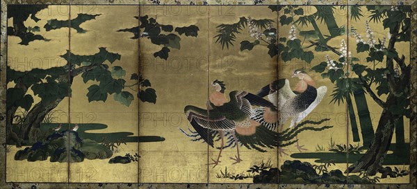 Phoenixes and Paulownia, late 1500s. Attributed to Tosa Mitsuyoshi (Japanese, 1539-1613). One of a pair of six-panel screens; ink, color, and gold on gilded paper; image: 160.5 x 362 cm (63 3/16 x 142 1/2 in.).