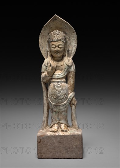 Bodhisattva, late 6th - early 7th Century. China, Sui dynasty (581-618) - Tang dynasty (618-907). Stone with polychromy and gilding; overall: 40.2 cm (15 13/16 in.).