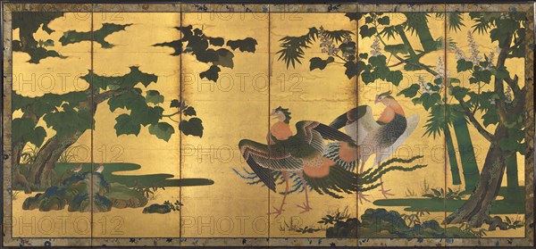 Peafowl and Phoenixes, late 1500s. Attributed to Tosa Mitsuyoshi (Japanese, 1539-1613). Pair of six-panel screens; ink, color, and gold on gilded paper; overall: 173.1 x 374.4 cm (68 1/8 x 147 3/8 in.); overall: 175.9 x 377.2 cm (69 1/4 x 148 1/2 in.).