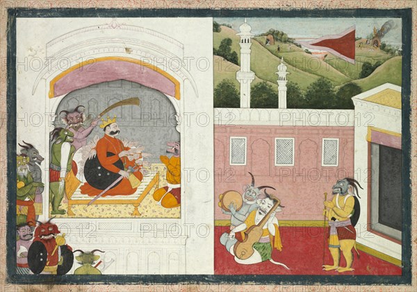 King Bana enjoying music in his court, from the Usha-Aniruddha section of a Krishna Lila, c. 1760-1770. India, Pahari Hills, Guler School, 18th century. Ink and color on paper; overall: 21.9 x 32.1 cm (8 5/8 x 12 5/8 in.).