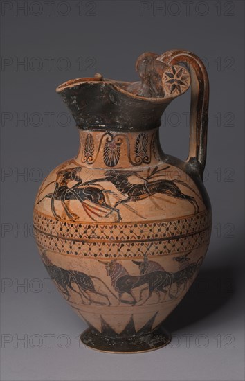 "Pontic" Oinochoe, c. 520 BC. Italy, Etruscan, 6th Century BC. Black-figure terracotta; diameter: 19.9 cm (7 13/16 in.); overall: 31.3 cm (12 5/16 in.); diameter of foot: 9.9 cm (3 7/8 in.).