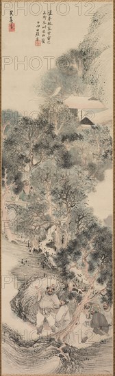 Water Margin Bandits, late 1700s-early 1800s. Matsumura Goshun (Japanese, 1752-1811). Hanging scroll; ink and color on paper; image: 137.8 x 41.3 cm (54 1/4 x 16 1/4 in.); overall: 209.6 x 62.3 cm (82 1/2 x 24 1/2 in.).