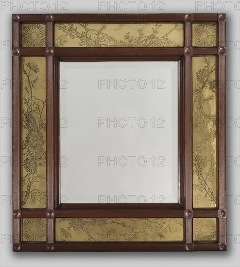 Mirror with Ornamented Frame, 1886. M. Louise McLaughlin (American, 1847-1939). Beveled plate glass framed in walnut?, decorated with etched metal plaques; overall: 85.5 x 76.8 cm (33 11/16 x 30 1/4 in.).