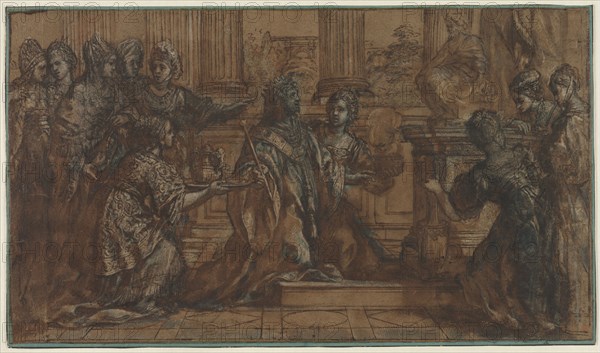 The Idolatry of Solomon, 1622-1623. Pietro da Cortona (Italian, 1596-1669). Pen and brown ink, point of brush and black ink, brush and brown wash, and white and blue gouache, framing lines in brown ink; sheet: 24.8 x 43.3 cm (9 3/4 x 17 1/16 in.); secondary support: 25.5 x 44.1 cm (10 1/16 x 17 3/8 in.).