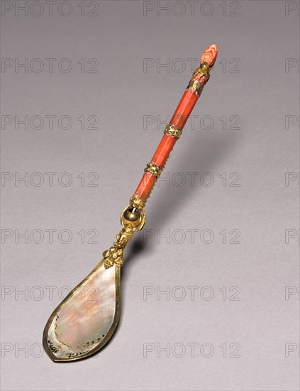Spoon with Detachable Pick, c. 1500. Italy, Venice, 16th century. Enameled shell and coral, gilt-silver mounts; detachable pick with dragon's head finial; overall: 29.2 cm (11 1/2 in.); part 1: 26 cm (10 1/4 in.).