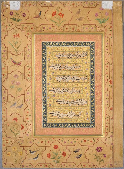 Page from the Late Shah Jahan Album: Calligraphy Framed by an Ornamental Border with Poppies and Pairs of Birds, c. 1653. India, Mughal court, reign of Shah Jahan (1628-1658), Mughal Dynasty (1526-1756), 17th Century. Opaque watercolor, gold, and ink on paper; overall: 37.8 x 27.3 cm (14 7/8 x 10 3/4 in.).