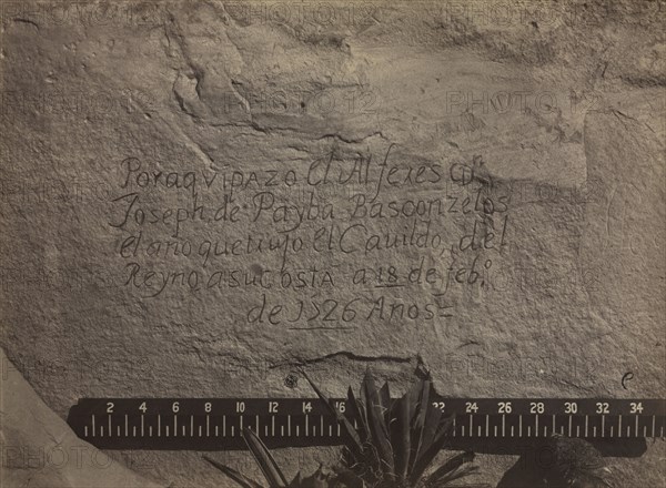 Geographical & Geological Explorations and Surveys West of the 100th Meridian Expedition of 1873, led by Lt. George M. Wheeler: Historic Spanish Record of the Conquest, South Side of Inscription Rock, N.M., No. 3, 1873. Timothy H. O'Sullivan (American, 1840-1882), The War Department, Corps of Engineers, U.S. Army. Albumen print from wet collodion negative; image: 20.5 x 27.6 cm (8 1/16 x 10 7/8 in.); matted: 45.7 x 55.9 cm (18 x 22 in.)