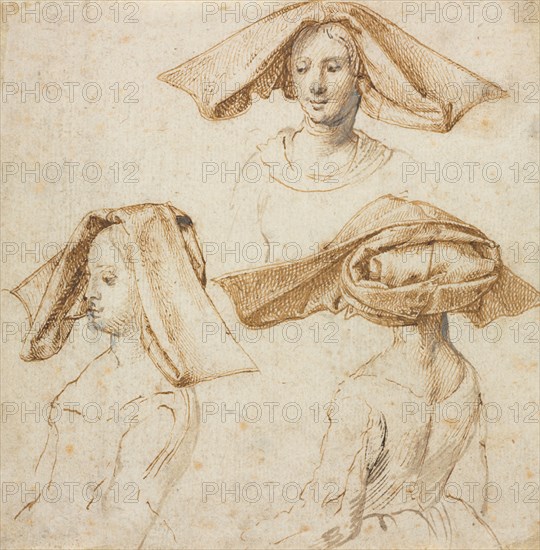 Three Studies of a Woman Wearing an Elaborate Headdress, c. 1500. Anonymous, retouched by Peter Paul Rubens (Flemish, 1577-1640). Pen and brown ink (Anonymous, Netherlandish, 16th century);  pen and brown ink and brush and brown wash, heightened with lead white (partially oxidized) (Rubens); sheet: 12.9 x 12.8 cm (5 1/16 x 5 1/16 in.).