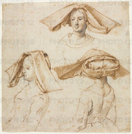 Three Studies of a Woman Wearing an Elaborate Headdress, c. 1500. Anonymous, retouched by Peter Paul Rubens (Flemish, 1577-1640). Pen and brown ink (Anonymous, Netherlandish, 16th century);  pen and brown ink and brush and brown wash, heightened with lead white (partially oxidized) (Rubens); sheet: 12.9 x 12.8 cm (5 1/16 x 5 1/16 in.).