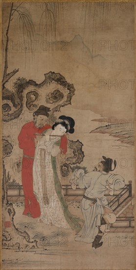 Emperor Minghuang Teaching Yang Gueifei to Play the Flute, late 1400s-early 1500s. Choryusai (Japanese). Hanging scroll; ink and color on paper; overall: 188 x 63.5 cm (74 x 25 in.); painting only: 91 x 45.2 cm (35 13/16 x 17 13/16 in.).