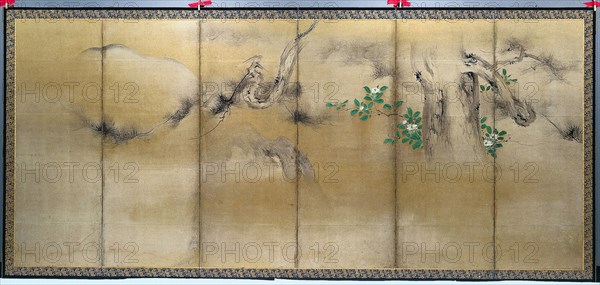 Pine and Camellias, c. 1600. Yusho Kaiho (Japanese, 1533-1615). Pair of six-fold screens, ink, color and gold on paper; image: 157 x 357.6 cm (61 13/16 x 140 13/16 in.); overall: 169.6 x 370.2 cm (66 3/4 x 145 3/4 in.); panel: 169.6 x 61.7 cm (66 3/4 x 24 5/16 in.); with frame: 173.2 x 373.8 cm (68 3/16 x 147 3/16 in.).