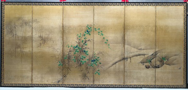 Bamboo and Morning Glories, c. 1600. Yusho Kaiho (Japanese, 1533-1615). Pair of six-fold screens, ink, color and gold on paper; image: 157 x 358.2 cm (61 13/16 x 141 in.); overall: 169.6 x 370.8 cm (66 3/4 x 146 in.); panel: 169.6 x 61.6 cm (66 3/4 x 24 1/4 in.); with frame: 173.2 x 374.4 cm (68 3/16 x 147 3/8 in.).
