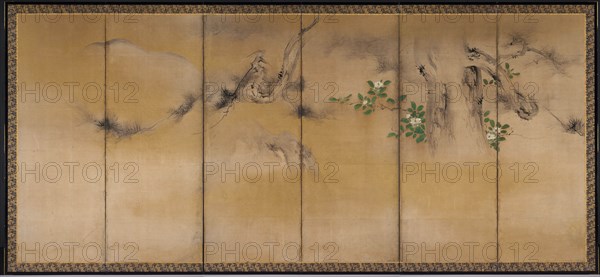 Pine and Camellias; Bamboo and Morning Glories, c. 1600. Yusho Kaiho (Japanese, 1533-1615). Pair of six-fold screens; ink, color and gold on paper; overall: 174 x 376 cm (68 1/2 x 148 1/16 in.).