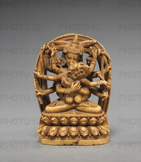 Manjusri with his Sakti, c. 1100s. Tibet, 12th century. Yellow steatite, kaolinite; overall: 7.3 x 4.7 x 2.5 cm (2 7/8 x 1 7/8 x 1 in.).