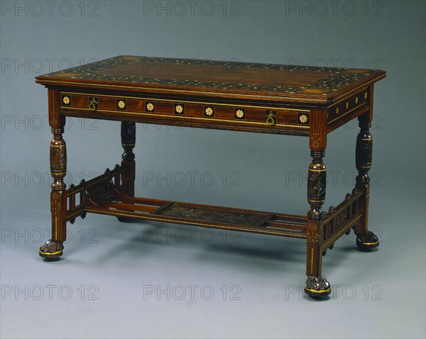Center Table, c. 1875. Herter Brothers (American). Rosewood inlaid with other woods and bone; overall: 76.5 x 122 x 76.2 cm (30 1/8 x 48 1/16 x 30 in.).