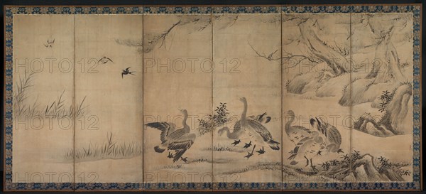 Wild Geese, late 1500s-early 1600s. Kano Sanraku (Japanese, 1559-1635). Pair of six-fold screens; ink on paper; image: 152 x 359 cm (59 13/16 x 141 5/16 in.); overall: 170.2 x 371.8 cm (67 x 146 3/8 in.).