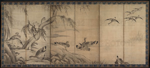 Wild Geese, late 1500s-early 1600s. Kano Sanraku (Japanese, 1559-1635). Pair of six-fold screens; ink on paper; overall: 170.2 x 371.8 cm (67 x 146 3/8 in.); painting only: 152 x 359 cm (59 13/16 x 141 5/16 in.).