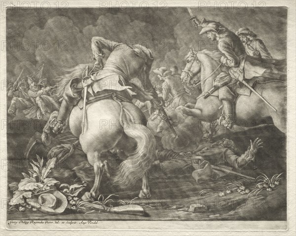 Skirmish between Prussian and Hungarian Hussars. Georg Philipp I Rugendas (German, 1666-1742). Mezzotint