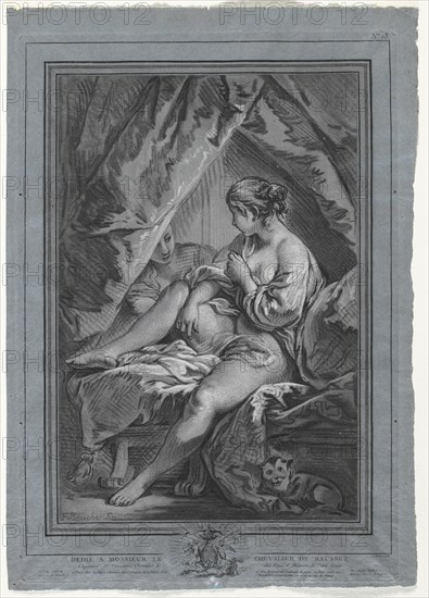 Young Woman Seated on a Bed, 1764-1767. Louis-Marin Bonnet (French, 1736-1793), after François Boucher (French, 1703-1770). Chalk-manner etching and engraving printed in black and white on blue paper; sheet: 46.5 x 32.7 cm (18 5/16 x 12 7/8 in.); platemark: 43.6 x 30.2 cm (17 3/16 x 11 7/8 in.)
